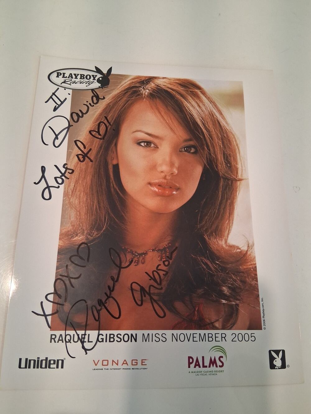 RAQUEL GIBSON Signed Playboy Racing Promo Photo Autographed Miss November 2005